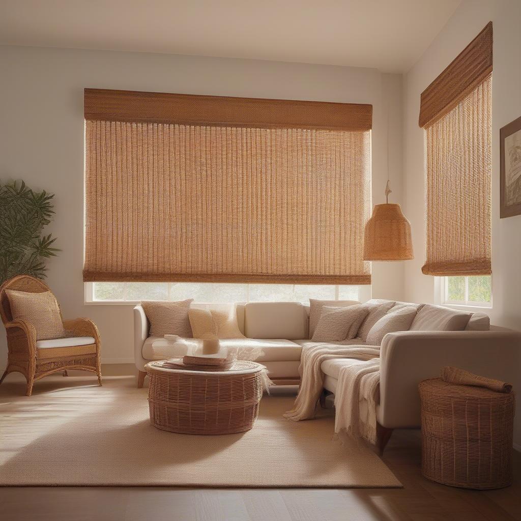 Natural wicker roll up blinds add a touch of elegance to a living room