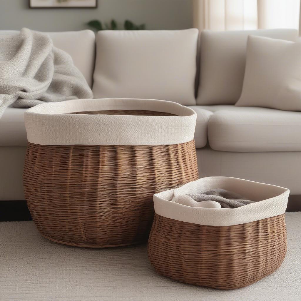 Nesting wicker baskets with insert handles in a living room setting.