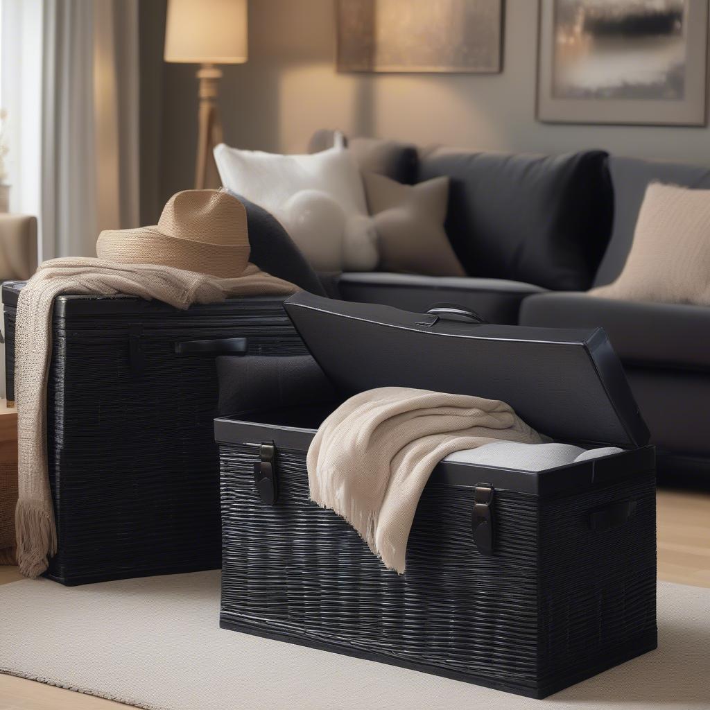 Set of three nesting wicker black storage trunks in a living room setting