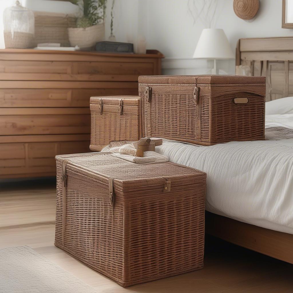 Nesting wicker trunks used as storage in a bedroom