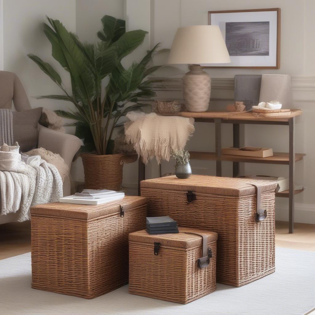 Nesting wicker storage trunks in a living room setting