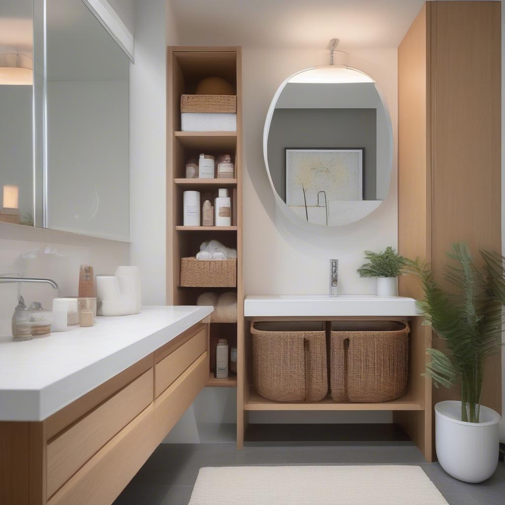 Oak Medicine Cabinet with Wicker Baskets in a Modern Bathroom