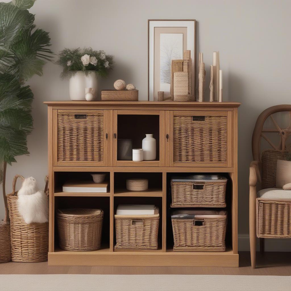 Oak storage unit with wicker baskets available on Amazon