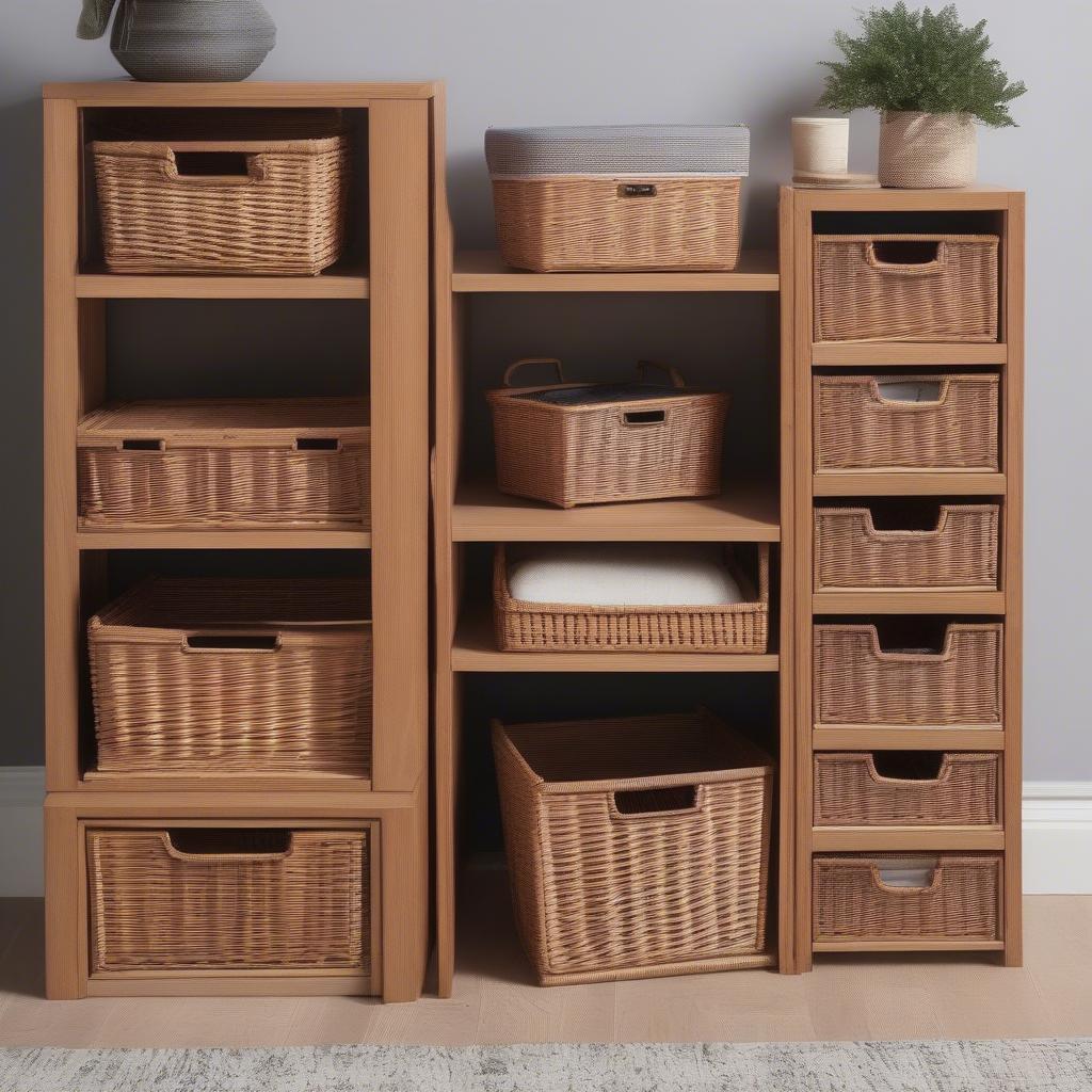 Various Oak Storage Units with Wicker Baskets