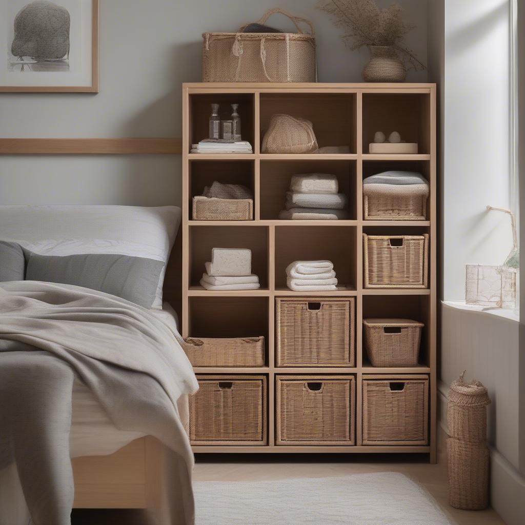 Oak and wicker storage unit in a bedroom setting, available on Amazon