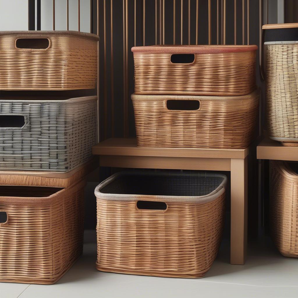 Different sizes and styles of wicker storage bins available at Ocean State Job Lot, highlighting the variety available to consumers.