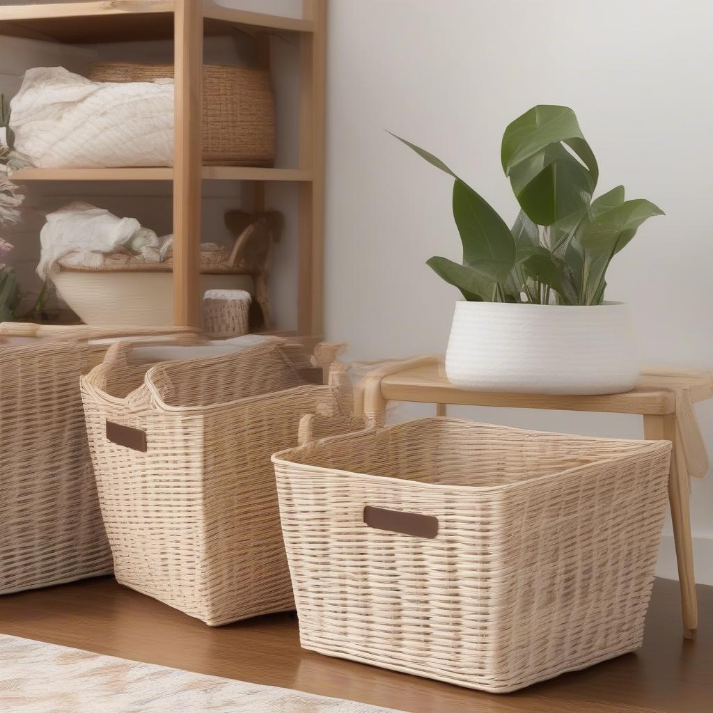 Screenshots of different online retailers selling plastic wicker storage baskets.