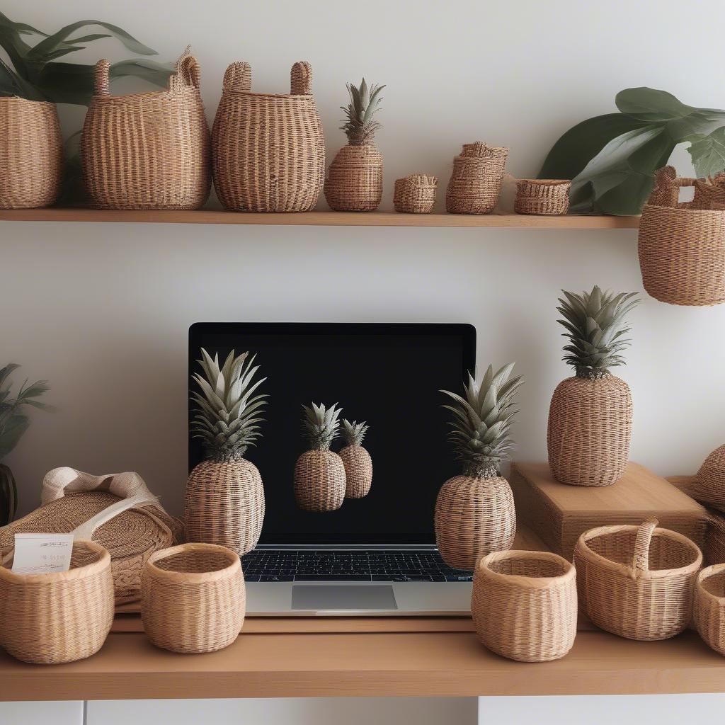 Someone shopping online for a wicker pineapple storage basket, with different options displayed on a laptop screen.