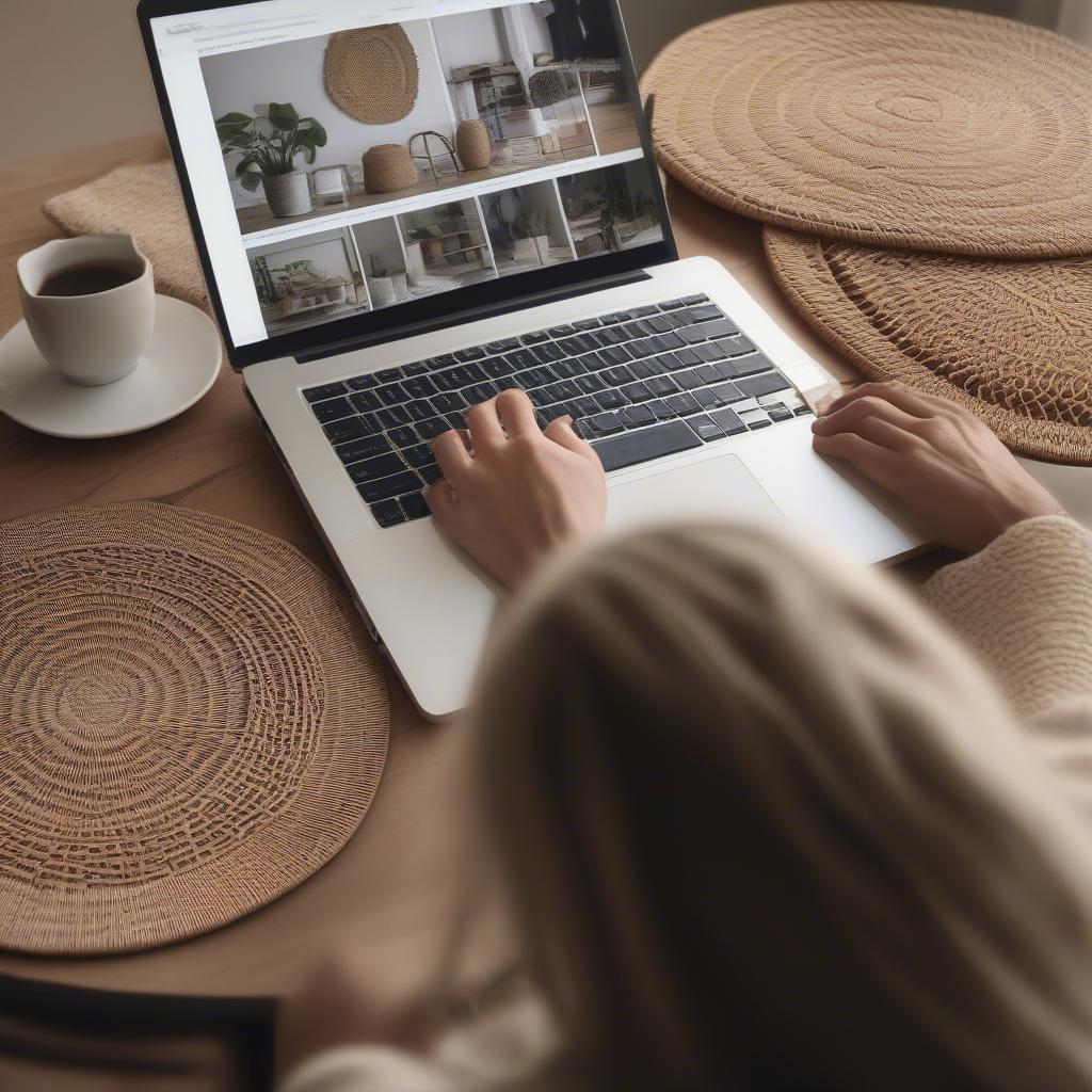 A person browsing woven wicker placemats on a laptop, illustrating the convenience of online shopping.