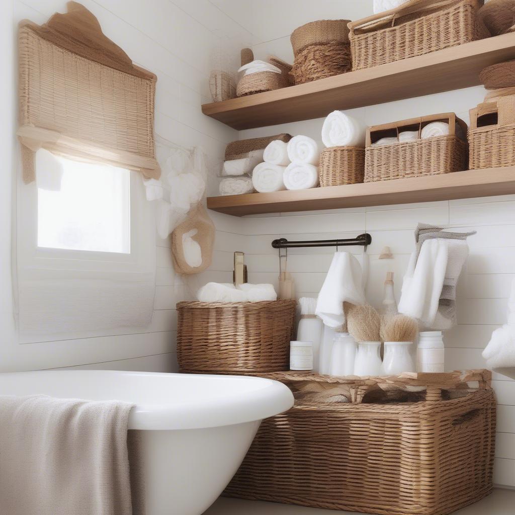 Open bathroom storage with various sized wicker baskets holding towels, toiletries, and other bathroom essentials.