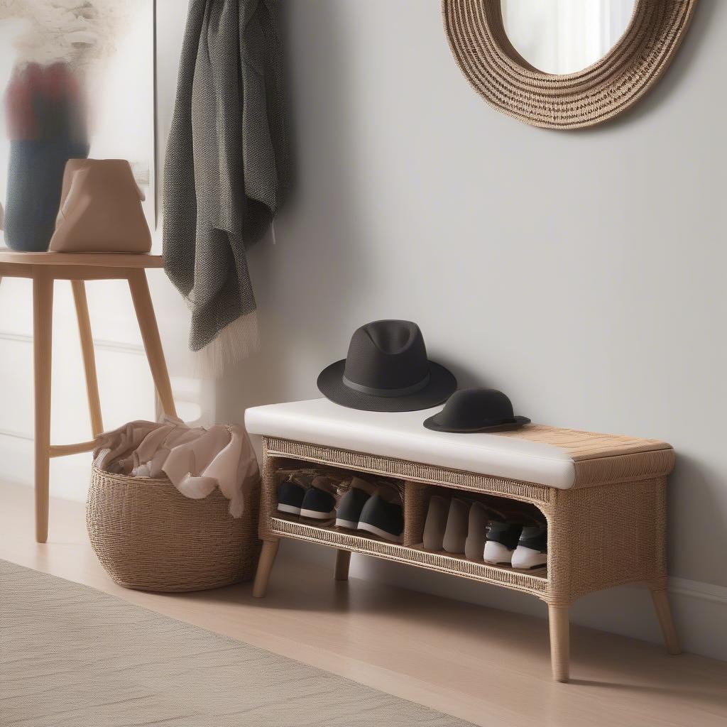 Orava wicker storage bench placed in a home entryway, providing seating and storage for shoes and accessories.