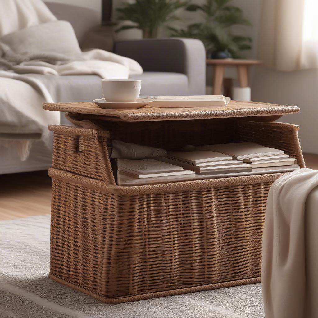 Orava wicker storage bench used as a coffee table alternative in a living room setting, with a tray, books, and decorative items placed on top.