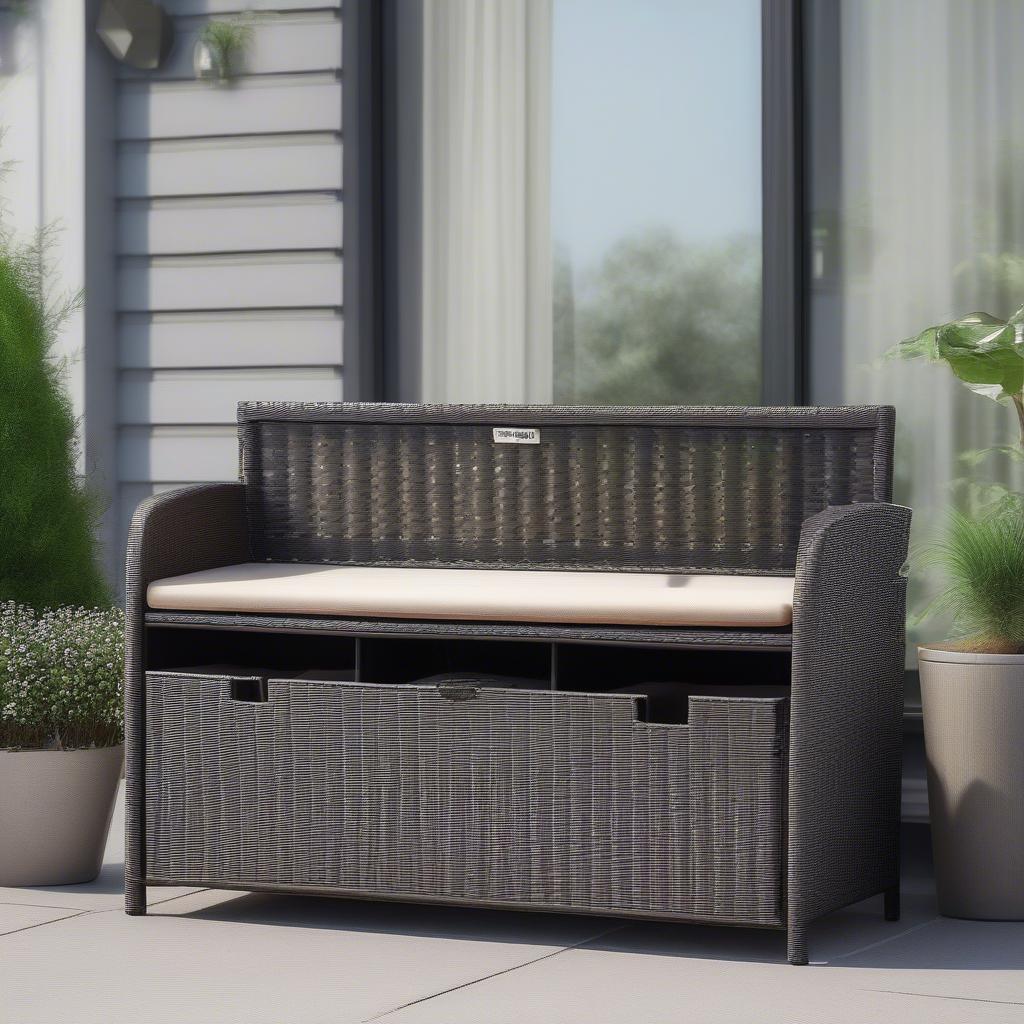 Orava wicker storage bench on an outdoor patio, surrounded by plants and other outdoor furniture.