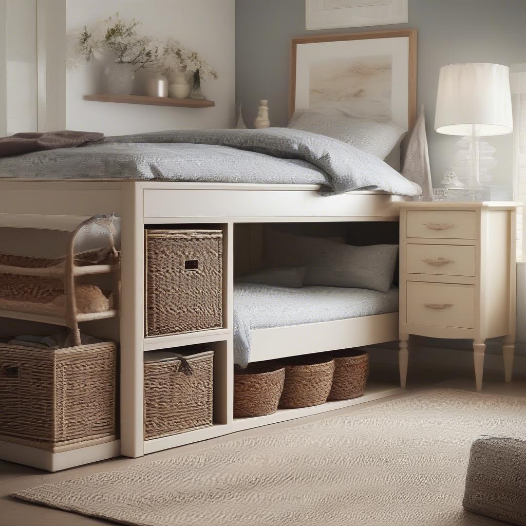 Organized bedroom featuring wicker under bed storage