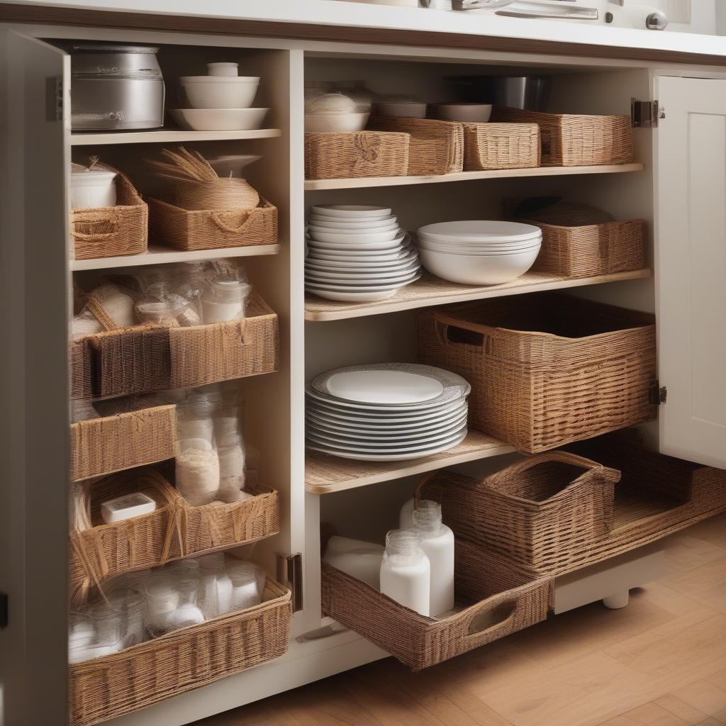 A kitchen cabinet perfectly organized using wicker baskets