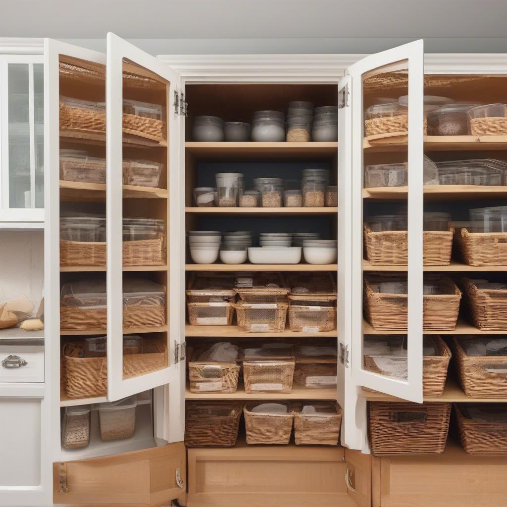 Organized kitchen cabinets with labeled wicker baskets