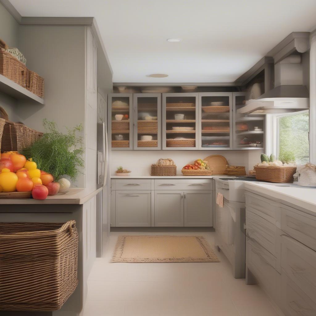 Organized Kitchen Cabinets with Wicker Baskets Filled with Produce