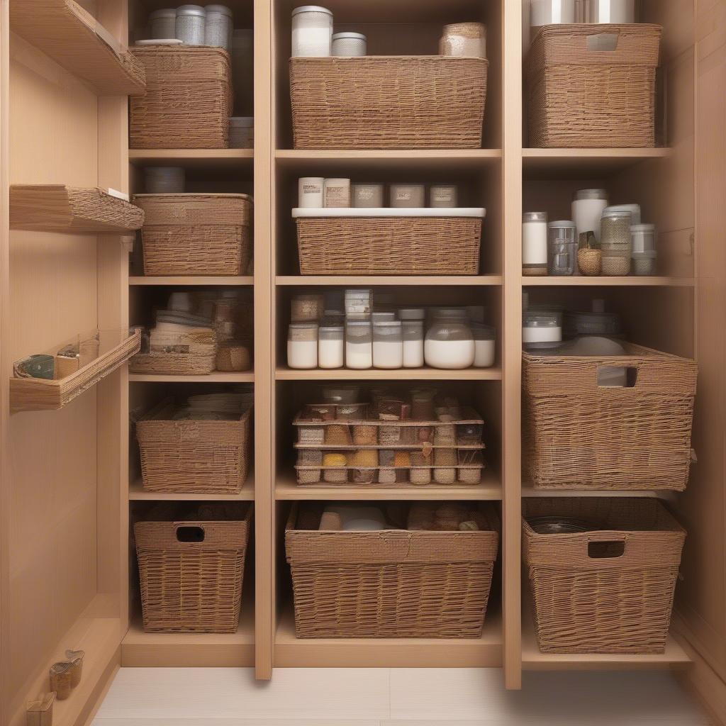 A well-organized kitchen pantry featuring pull out wicker baskets, showcasing a variety of stored items.