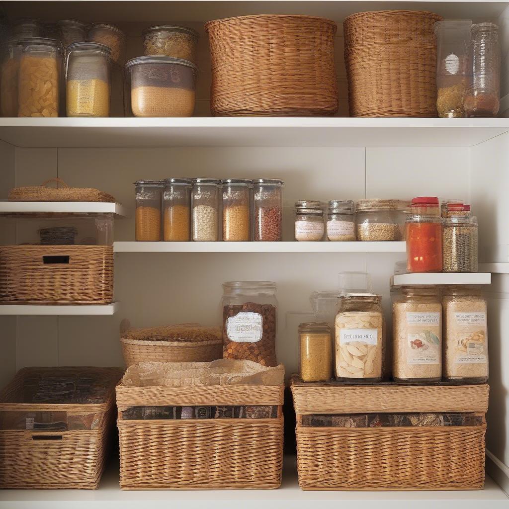 A pantry organized with labeled wicker baskets, showcasing a neat and efficient storage solution.