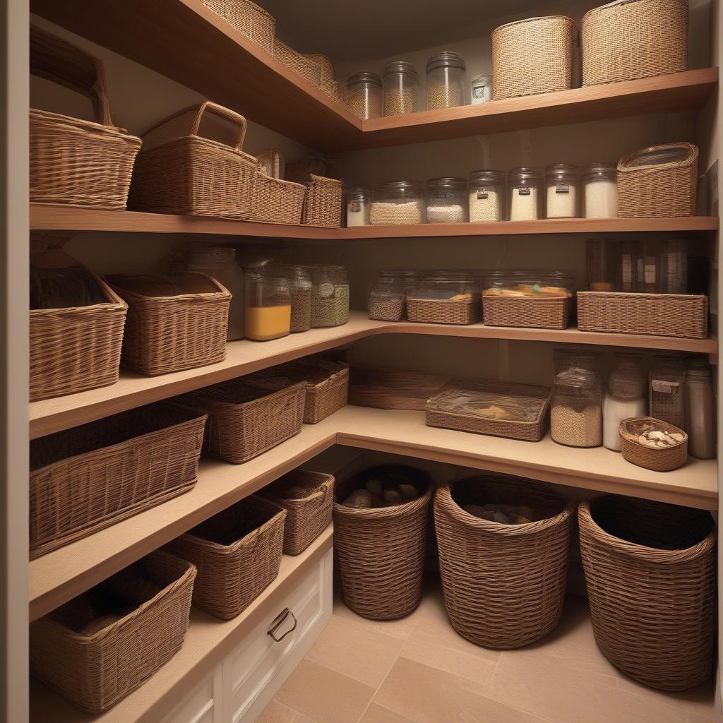 A pantry perfectly organized with labeled wicker storage baskets, showcasing a clean and efficient storage solution.