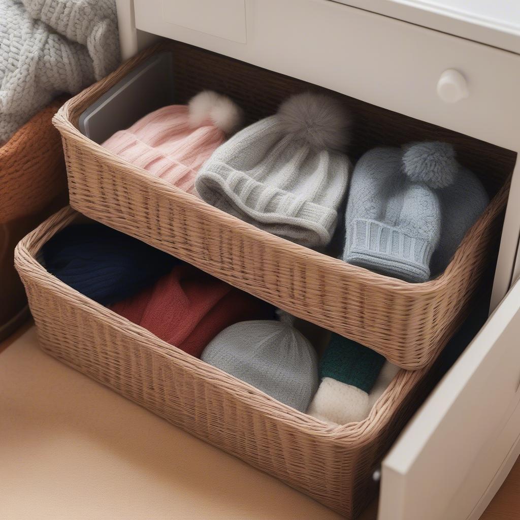 Organized resin wicker tote with seasonal items