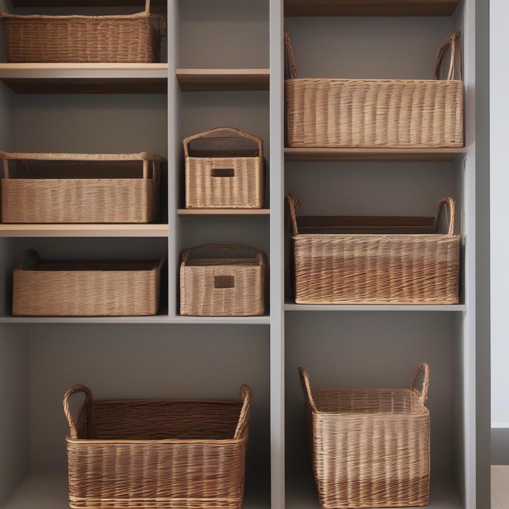 Organized Shelves with Tall Wicker Baskets