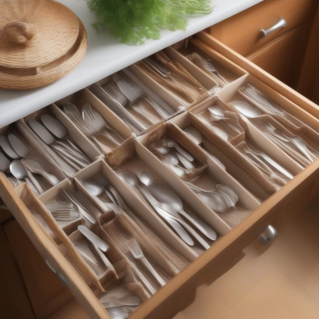 A kitchen drawer neatly organized with wicker baskets holding plastic silverware.  Each type of silverware is separated in its own basket.