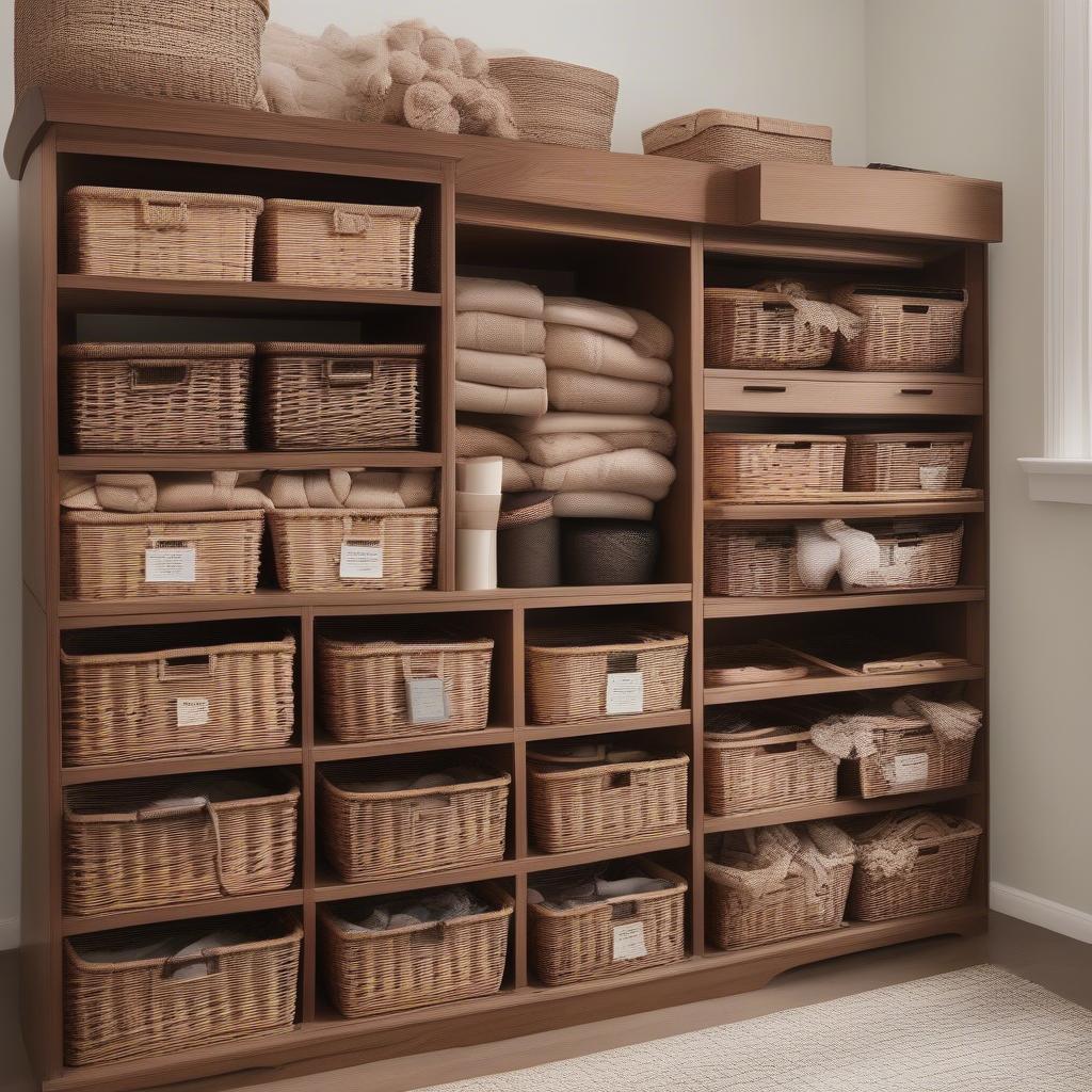 A storage unit neatly organized with labeled wicker baskets.