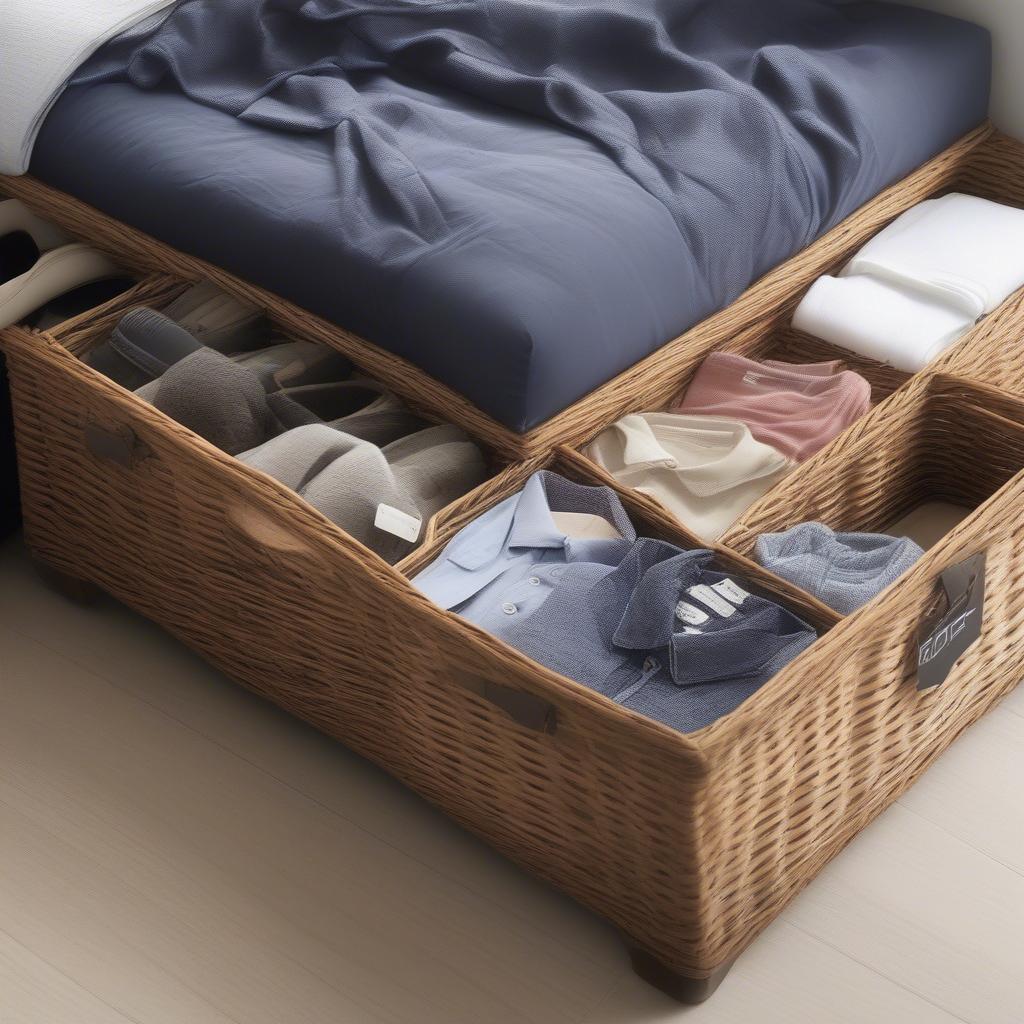 Neatly organized under-bed storage using wicker baskets, maximizing space and accessibility.