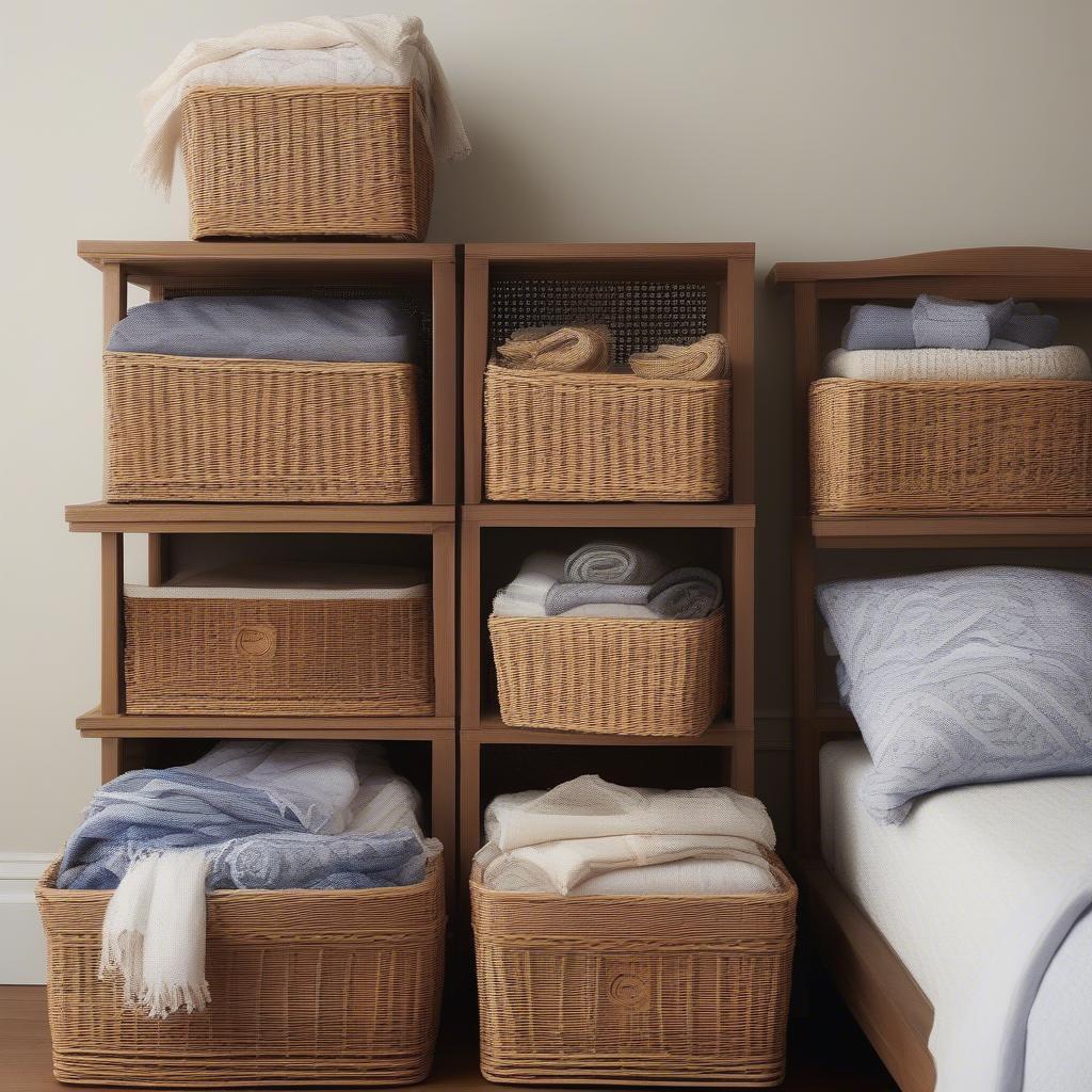 Several labeled wicker storage baskets neatly arranged under a bed.