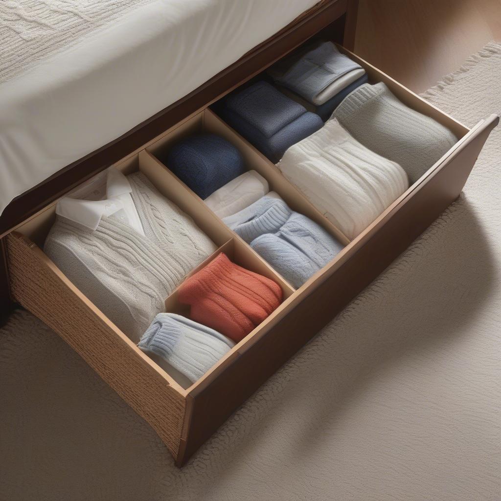 Organized underbed wicker storage with neatly folded clothing and bedding inside.