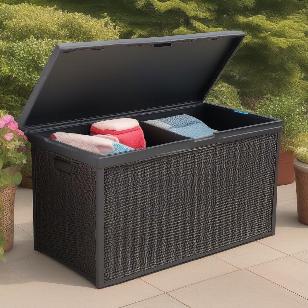 Organized waterproof wicker deck storage with dividers and protective lining.