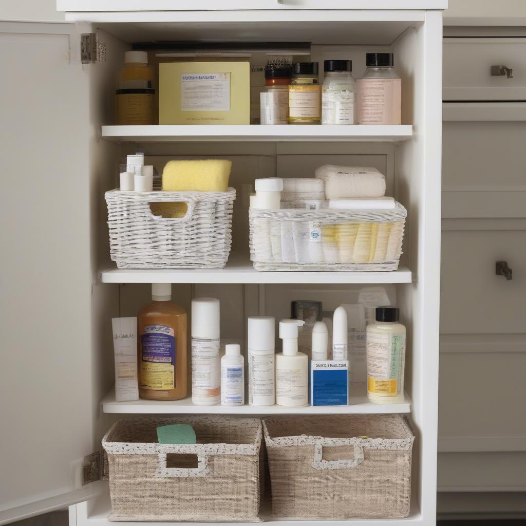 Close-up of organized wicker baskets inside a white medicine cabinet