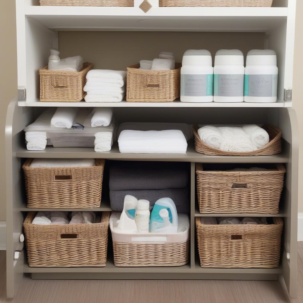 Organized wicker baskets in a nursery with labels