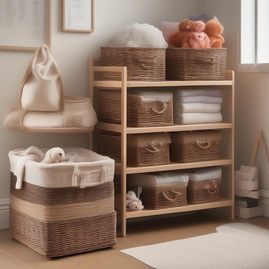 Organized Wicker Baskets on Storage Shelves