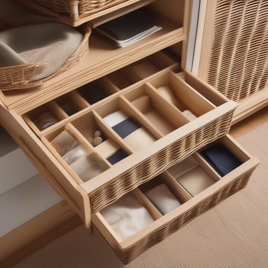 Inside view of an organized wicker storage cabinet, showcasing the use of baskets, dividers, and labels.