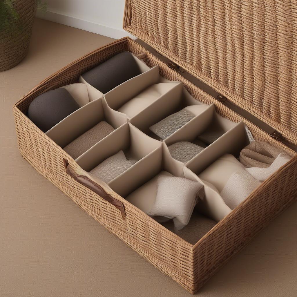 Inside view of a wicker patio cushion storage box, neatly organized with cushions and accessories.