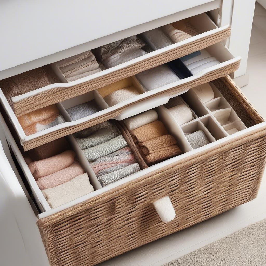 Open drawers of a wicker storage unit showcasing organized items.