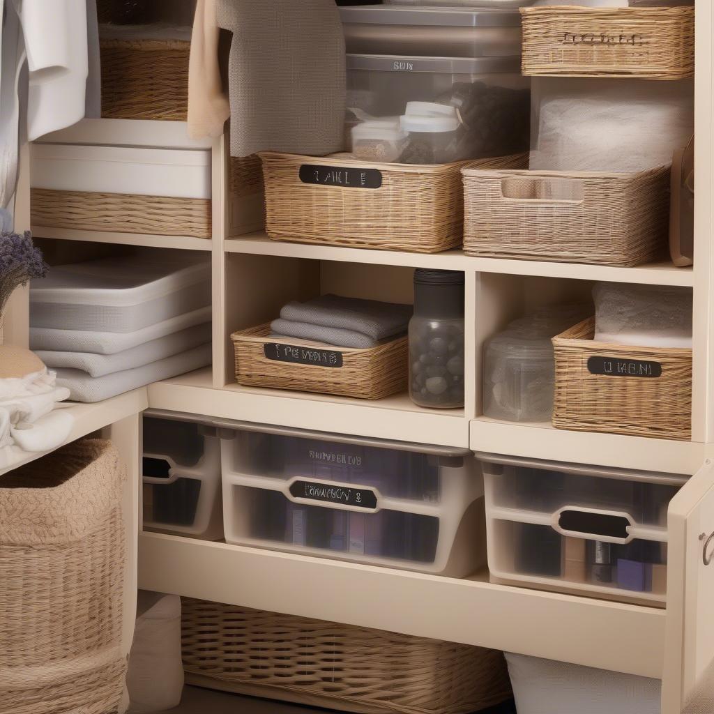 Organized wicker storage deck box interior