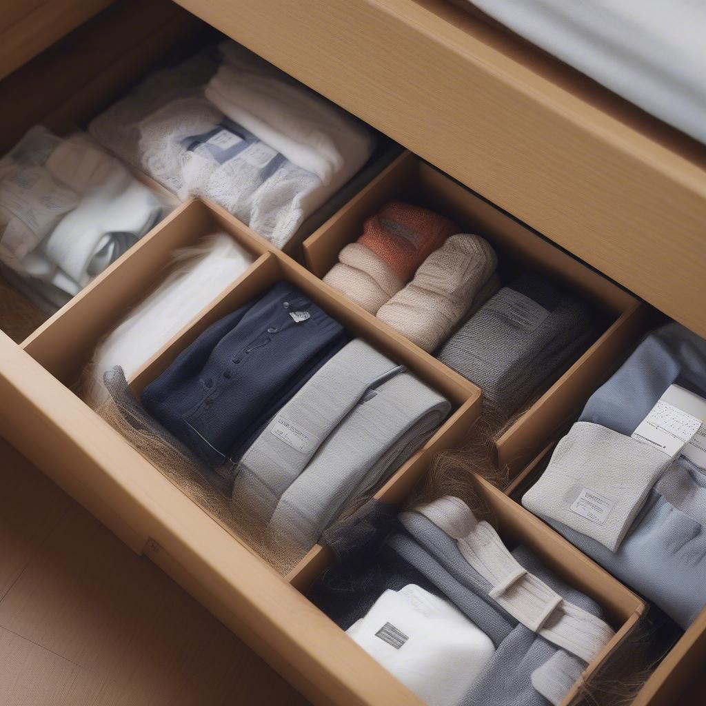 Wicker storage boxes under a bed, demonstrating organized storage with labels and dividers.