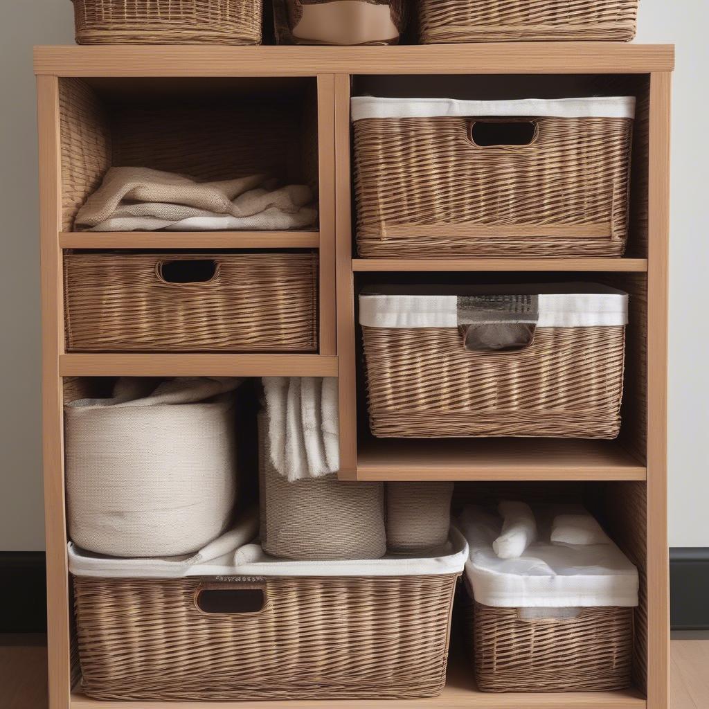 An organized wicker storage unit with labeled containers