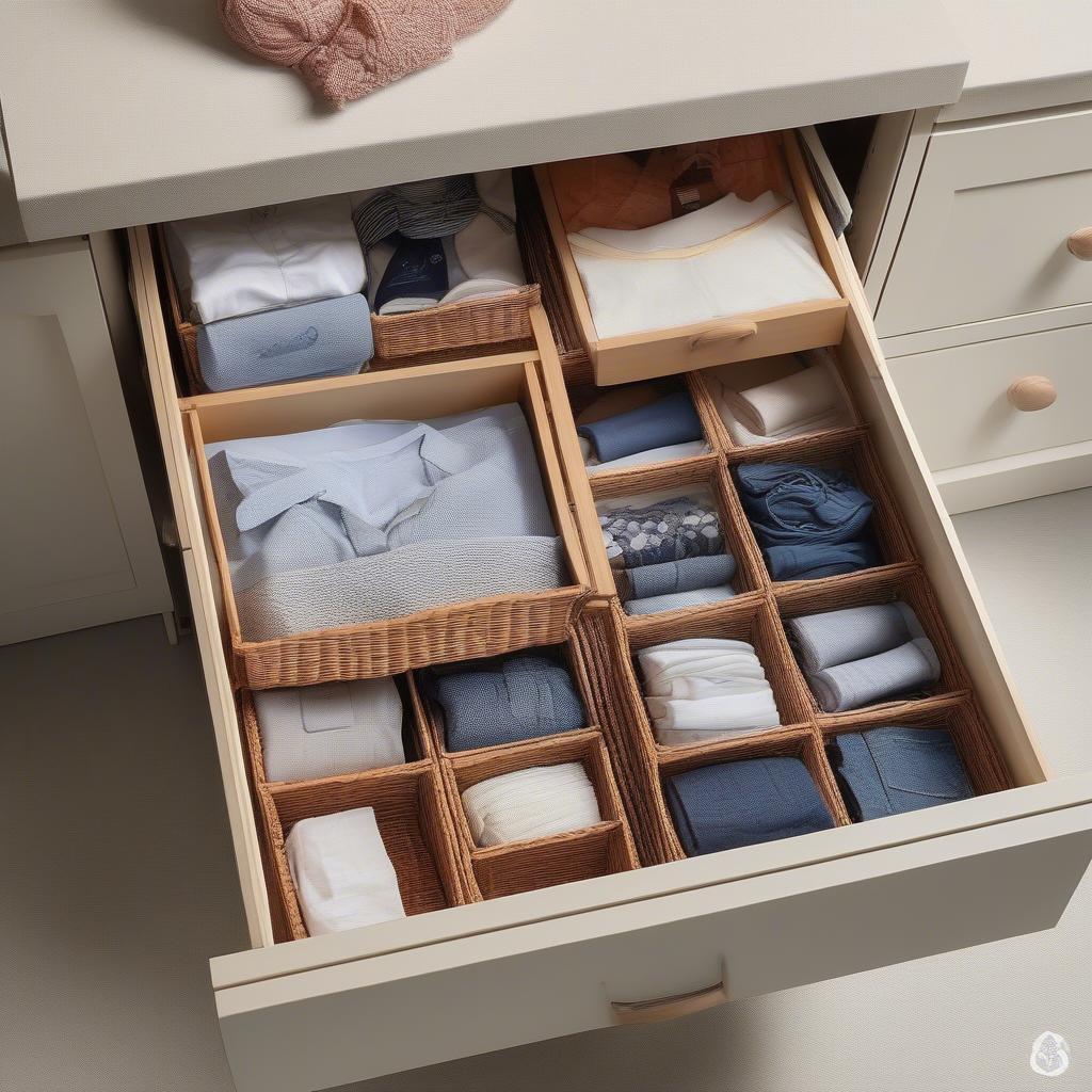 Tips for organizing items inside wicker drawers.