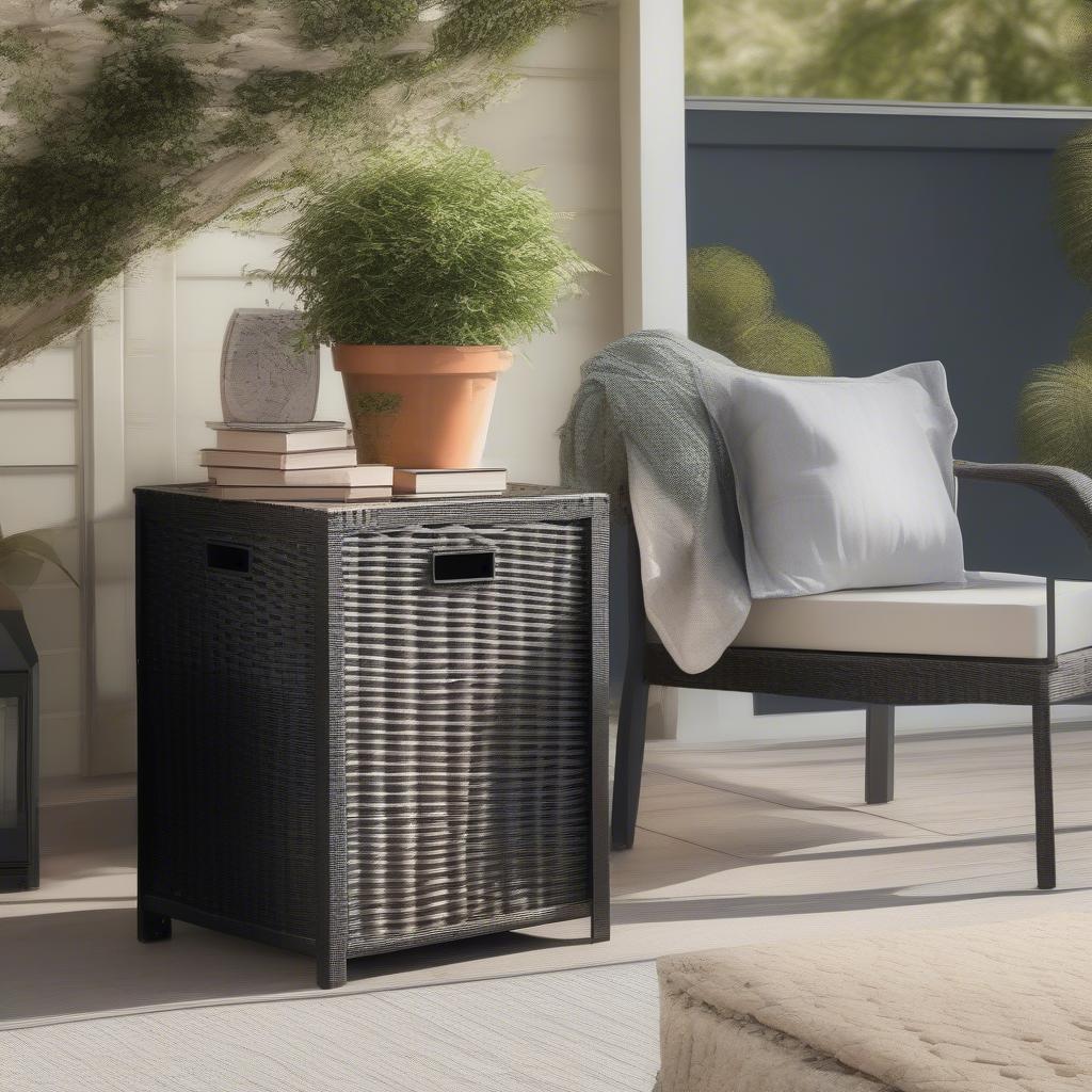 Outdoor resin wicker storage box used as a side table on a patio