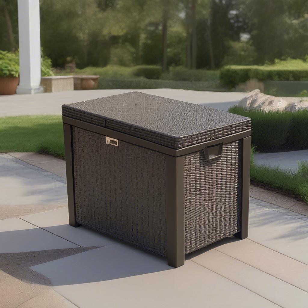 A large resin wicker storage deck box on a patio.