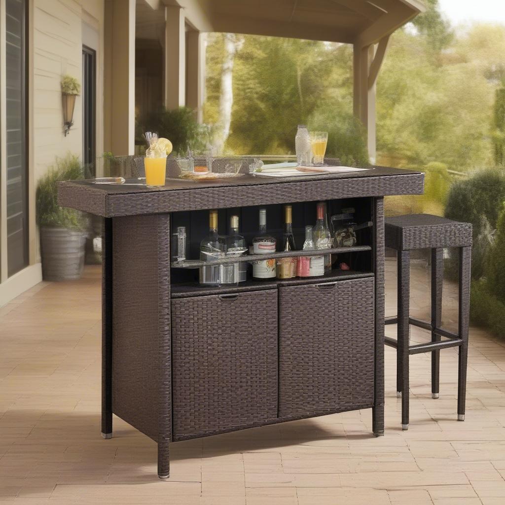 Outdoor bar setting with a wicker bar