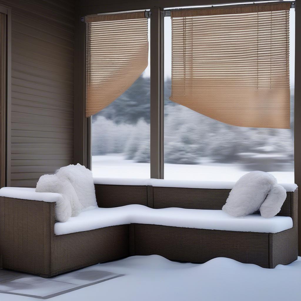 Outdoor wicker blinds protecting a patio during Canadian winter