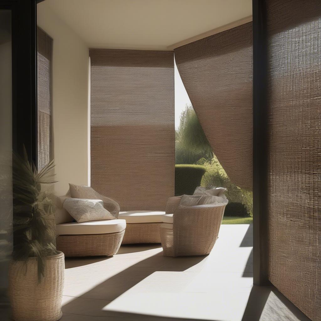 Outdoor wicker blinds providing shade on a patio