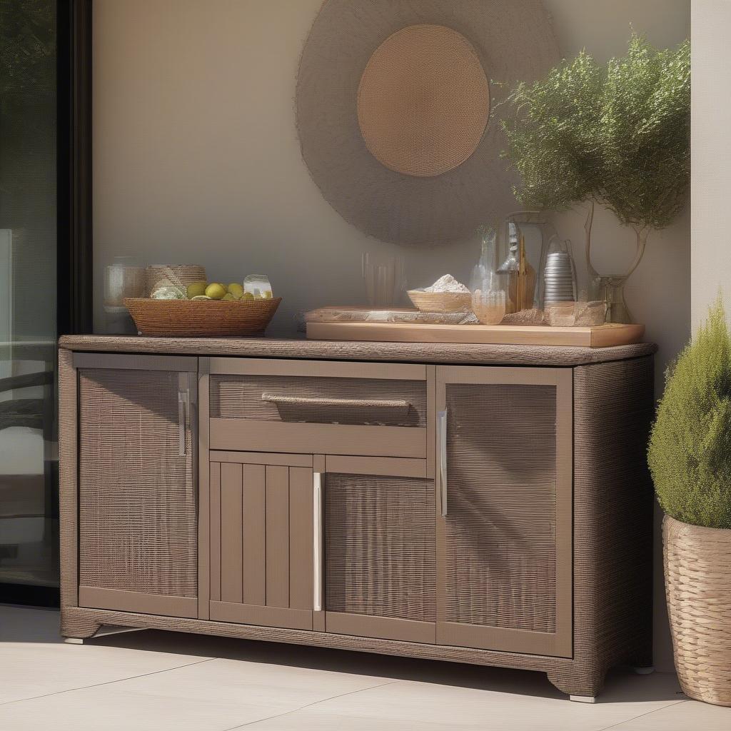 Outdoor Wicker Buffet Cabinet in a Patio Setting