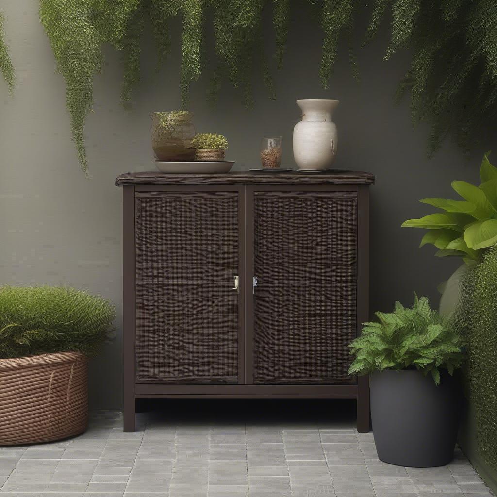 Outdoor wicker cabinet on a patio, demonstrating its weather-resistant properties and stylish design.