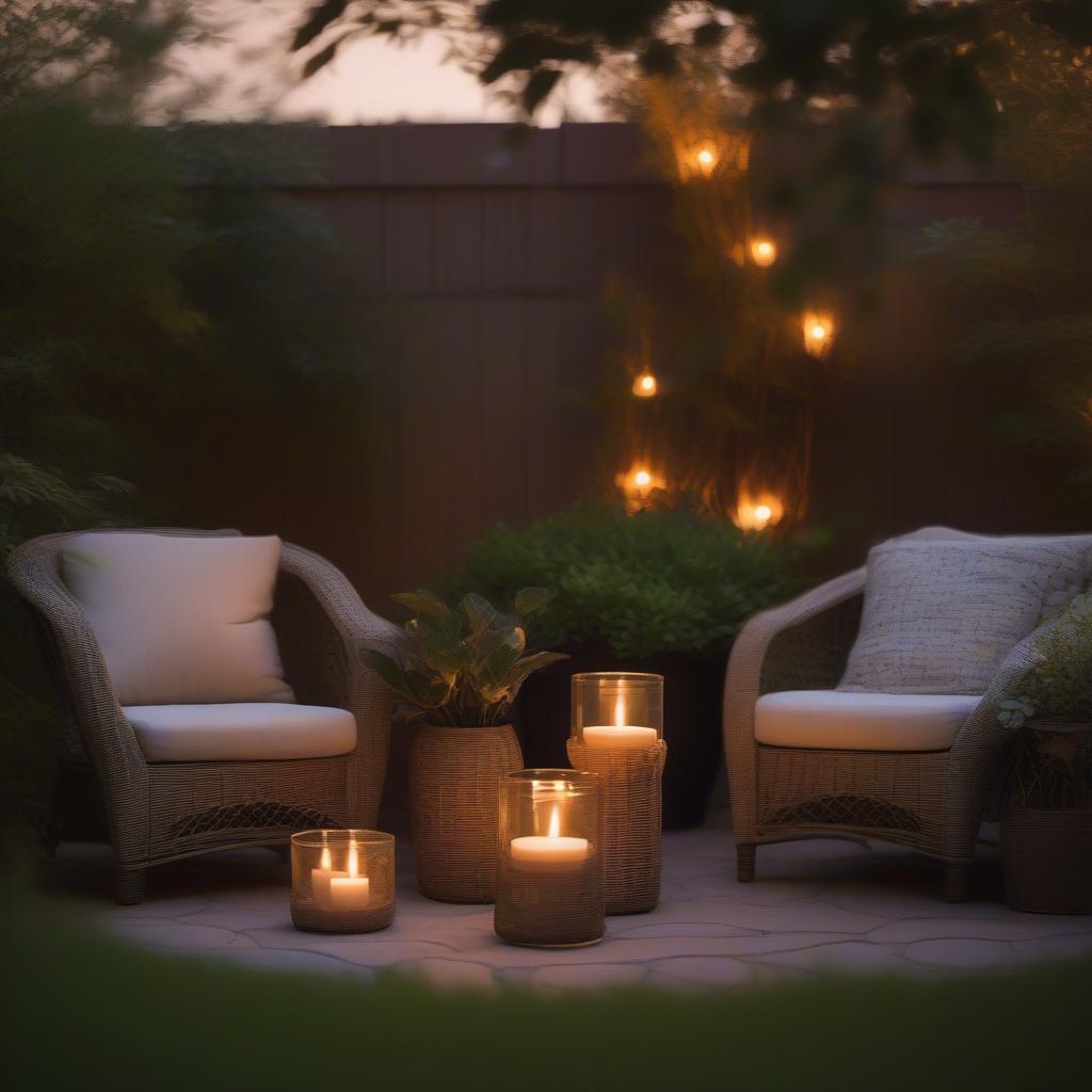 Outdoor wicker candle holders illuminating a garden setting